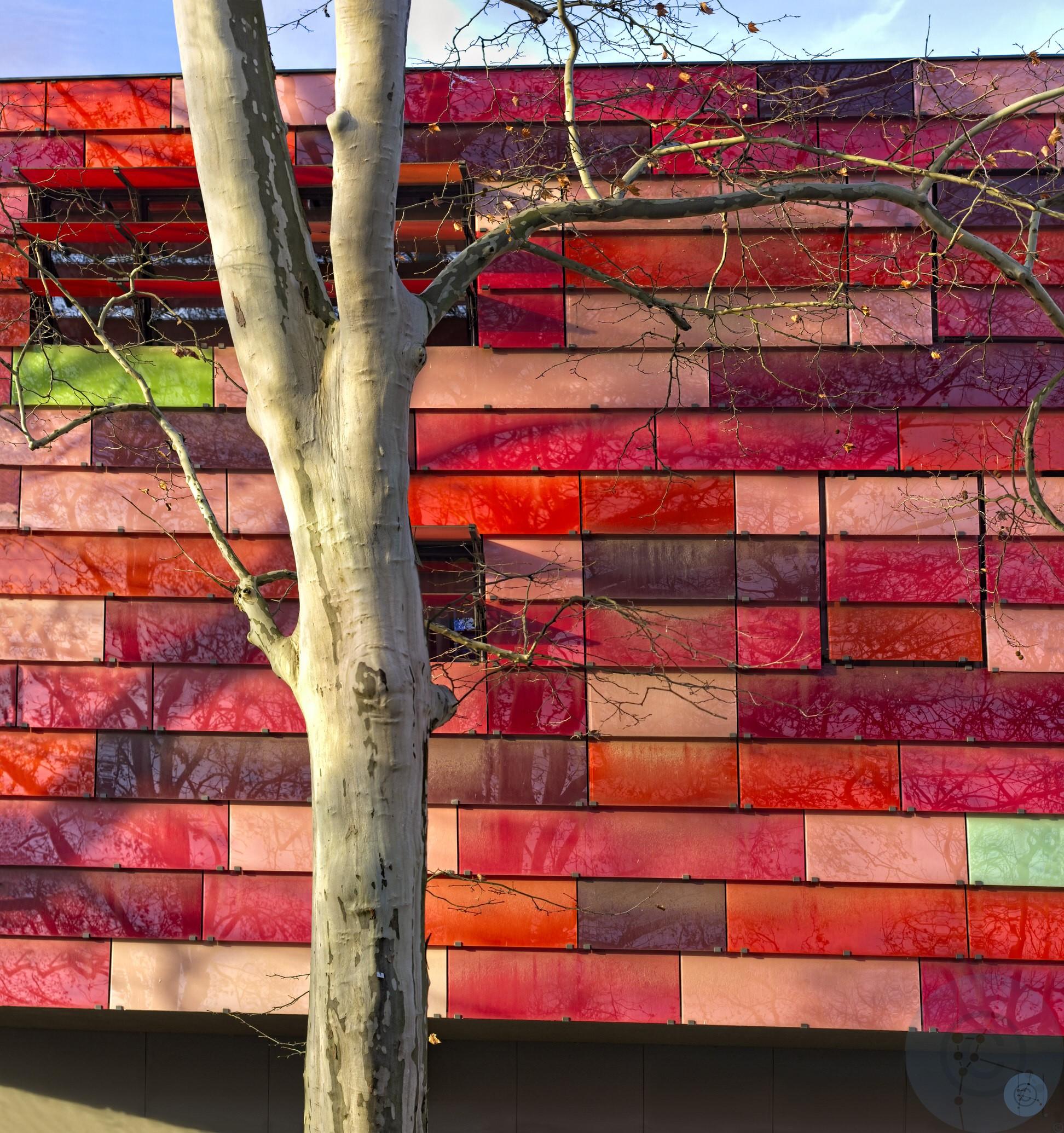 Platane and facade Fire and Police Station Feuerwache Tiergarten Berlin Alt Moabit SauerbruchHutton Architects, 2004