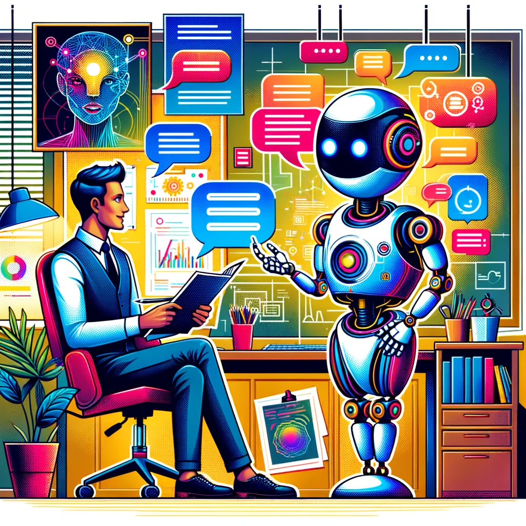 DALL·E - A colourful, authoritative illustration depicting a human UX designer and an AI chatbot in a mentoring session. Set in a dynamic office environment.
