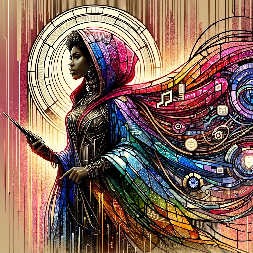 DALL·E 2023-12-12 20.55.55 - An illustration blending Art Nouveau glass style with alternative hip hop aesthetics, featuring a Black woman as a UX master. She stands confidently 512