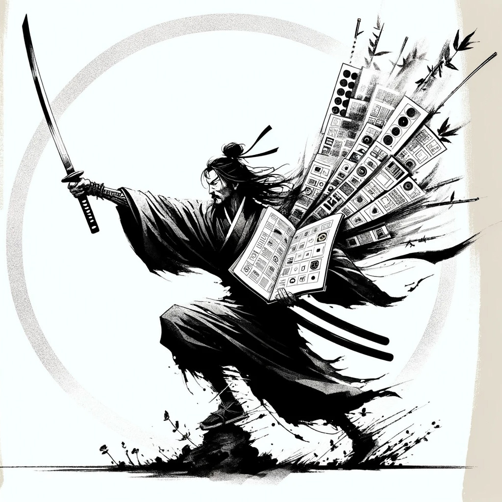 DALL·E-2023-12-12-21.01.10-An-illustration-in-the-style-of-Hokusai-using-ink-and-brush-techniques-with-just-two-contrasting-colors-starting-with-black.-Picture-a-mentor-a-warr-512
